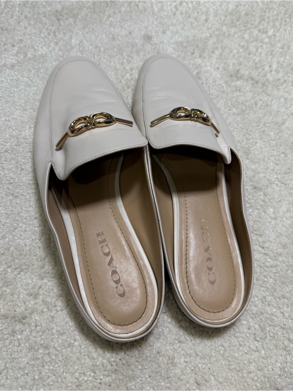 Coach Sienna Leather Slide Loafers Mule Flats Chalk Ivory Gold Horsebit Size 9